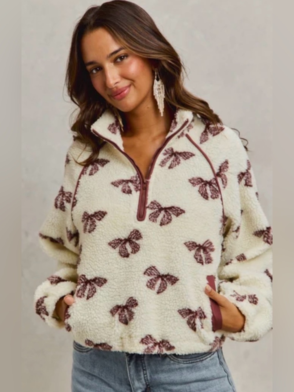 160 Cozy Cream Fleece Pullover with Brown Bow  Print